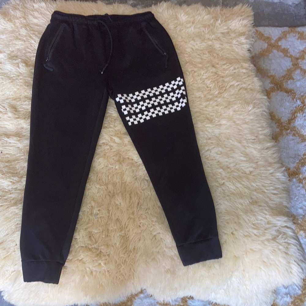 Public record, size large, standard fit, black, and white checkered jogger pant